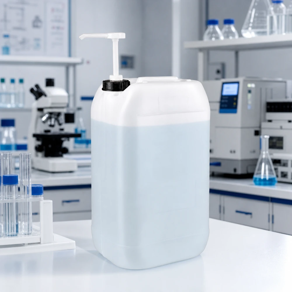 Jerrican de 15 litres avec pompe doseuse Bidon rectangulaire de 15 litres muni d'une pompe pour un dosage précis des liquides de laboratoire