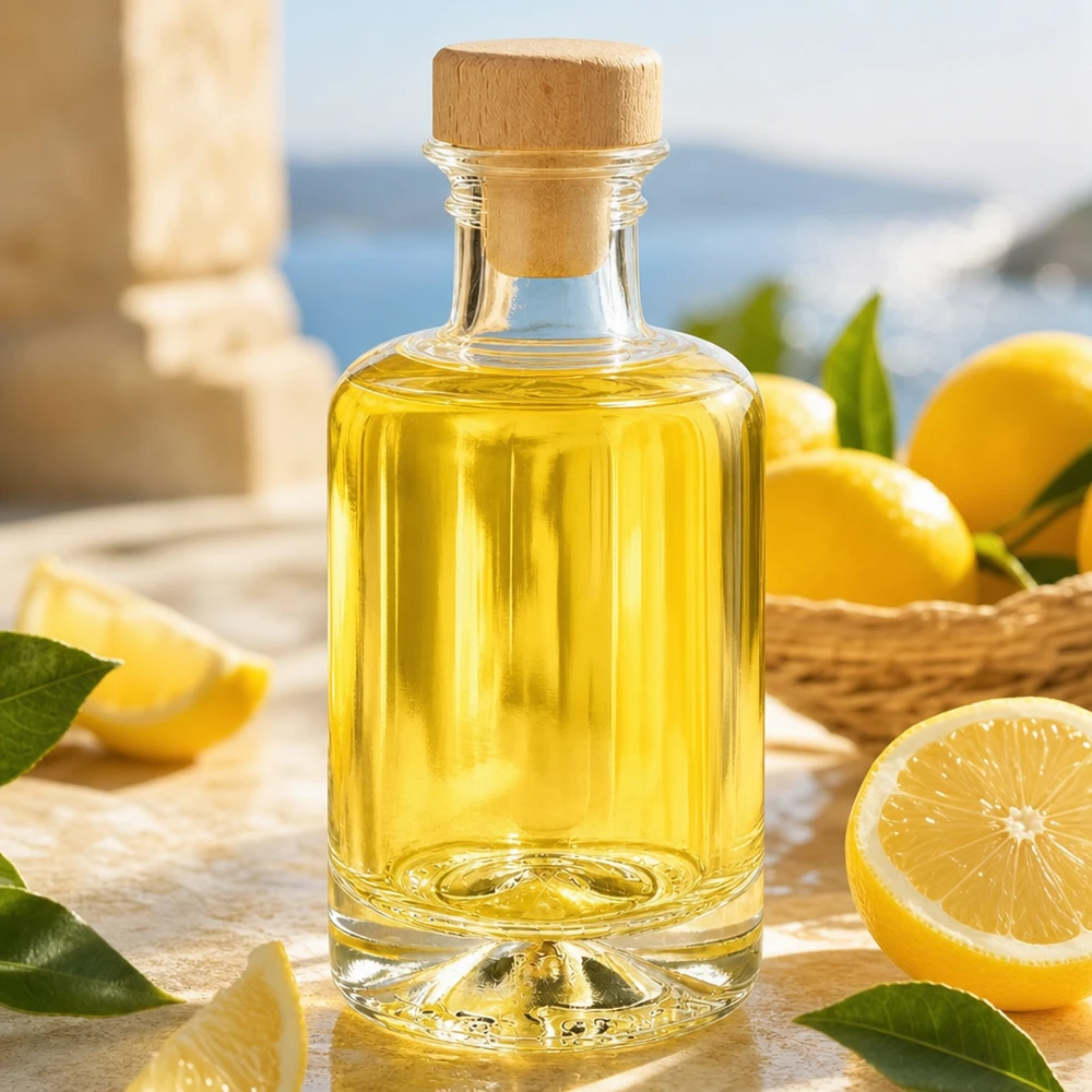 Flacon à pharmacie « Sofia » 100 ml avec bouchon en bois UNiTWIST® Bouteille en verre de 100ml Sofia avec bouchon en bois remplie d'huile jaune à côté de citrons sur une table en bois Lifestyle scène