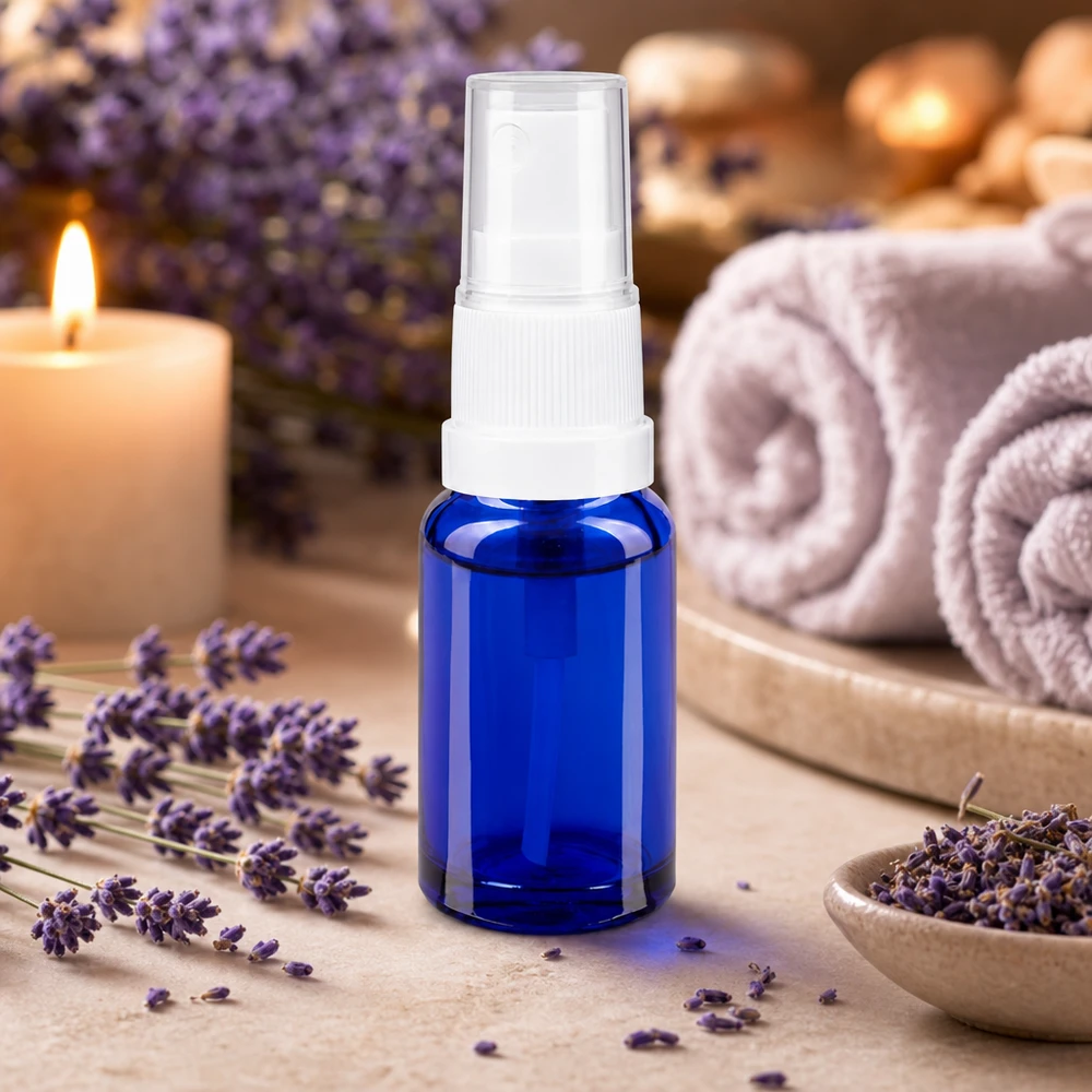 Flacon de pharmacie bleu 10ml embout spray blanc Petite bouteille en verre bleu cobalt avec vaporisateur à pompe pour huiles essentielles et applications d'aromathérapie