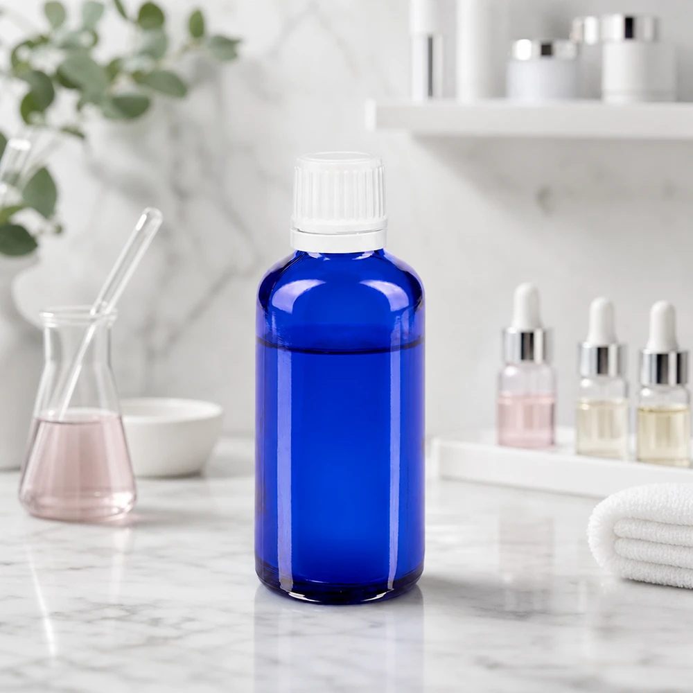 Flacon de pharmacie bleu cobalt de 50 ml avec bouchon à vis d'origine, à côté de fioles de laboratoire et de flacons de sérum