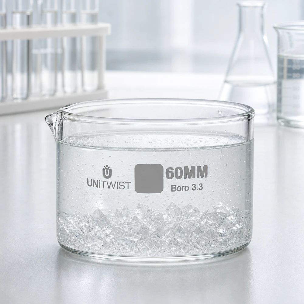 Cristallisoir ø60mm verre borosilicaté UNiTWIST Bol de cristallisation UNiTWIST Boro 3.3 rempli d'eau claire et de cristaux