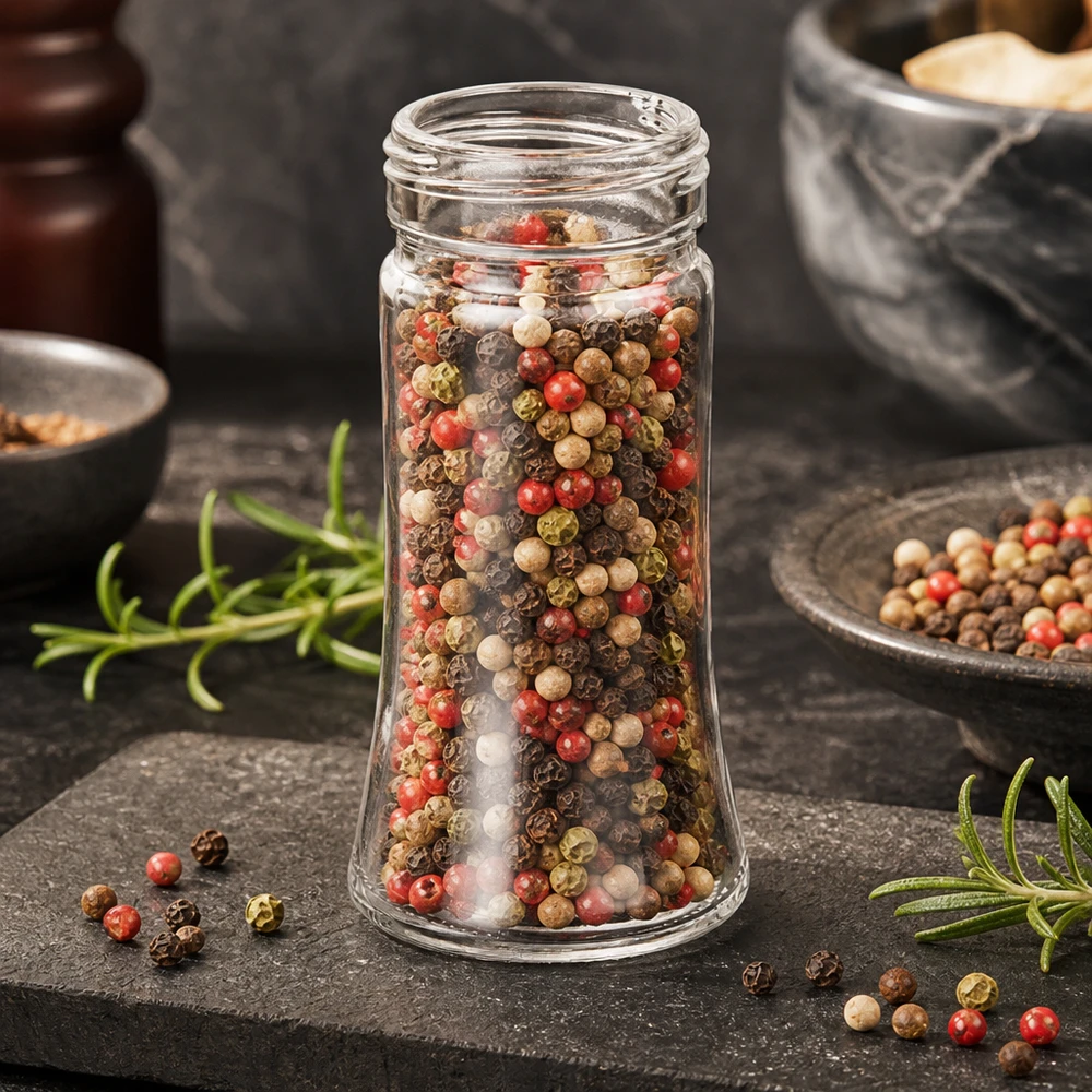 Pot à épices de forme trapézoïdale 95 ml avec filetage 41 mm, en verre clair sans couvercle Pot à épices Bobby de 95 ml contenant un mélange de grains de poivre, posé sur une plaque d'ardoise ornée de brins de romarin