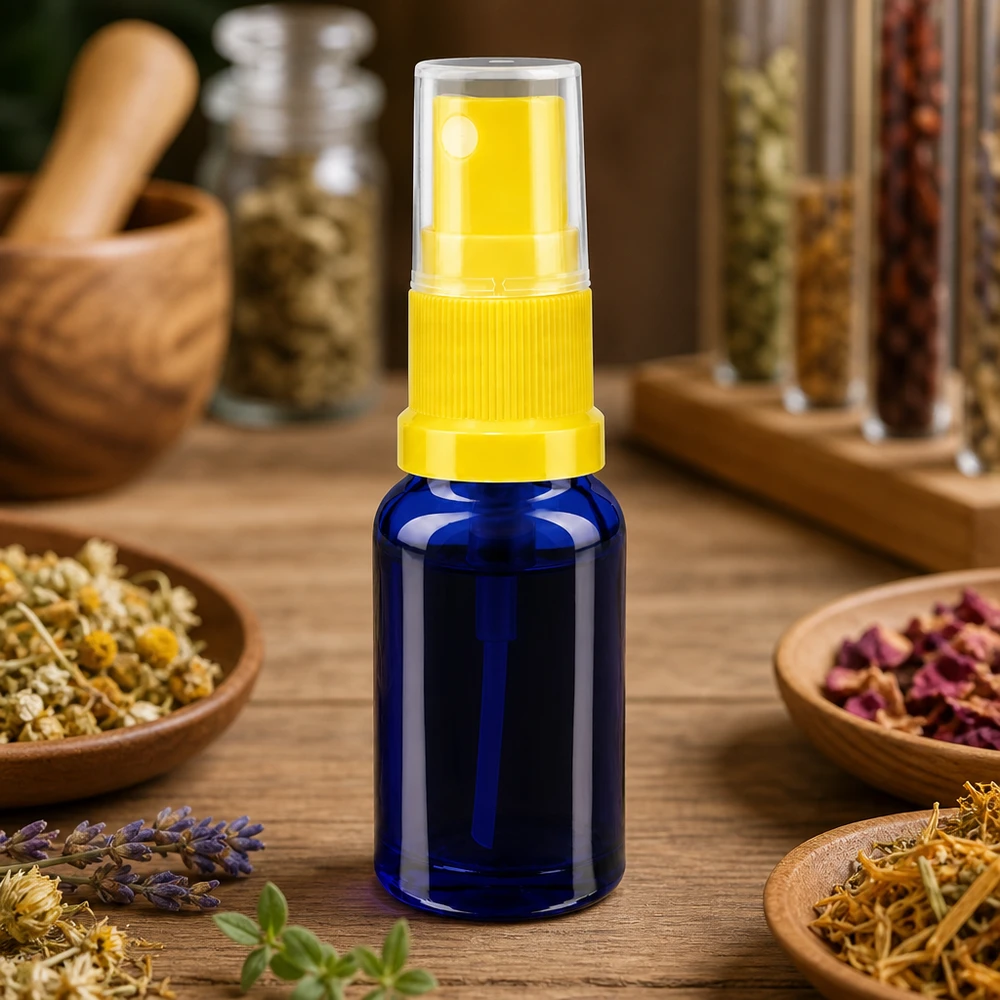 Flacon de pharmacie bleu 10ml embout spray jaune Flacon miniature de 10 ml en verre anti-UV bleu avec vaporisateur jaune, idéal pour les cosmétiques naturels et l'aromathérapie