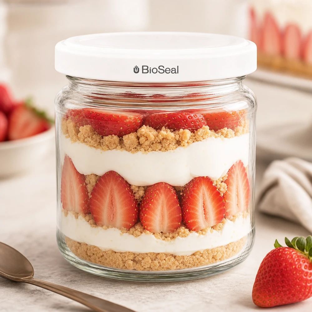 212ml Verre rond avec couvercle BioSeal blanc UNiTWIST UNiTWIST Runda212 Verre à dessert avec fraise crème et crumble montre la polyvalence du couvercle TO66 BioSeal