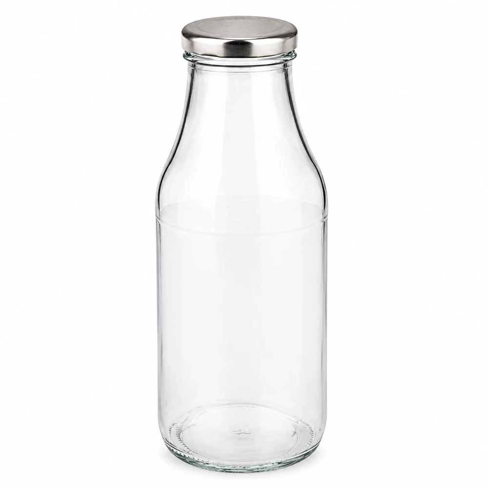 Bouteille en verre de 330 ml + couvercle BasicSeal argenté UiTWIST Bouteille de lait ronde en verre de 330 ml avec bouchon métallique argenté BasicSeal UiTWIST