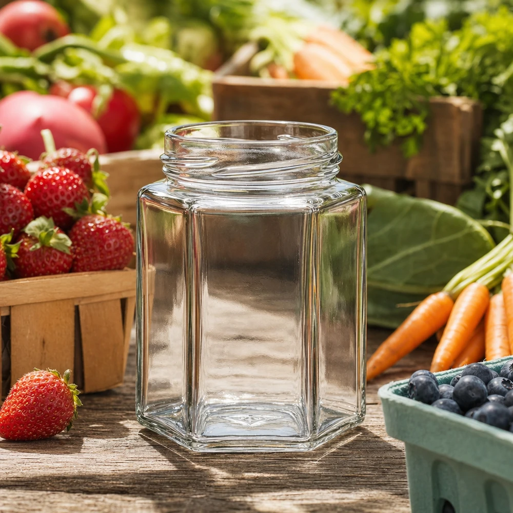 UNiTWIST Hexa196 bocal hexagonal 196ml TO5 vide sur table en bois avec fruits et légumes frais en arrière-plan