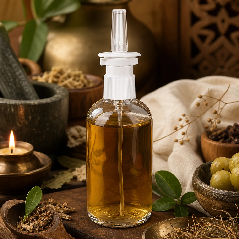100ml flacon vaporisateur nasal blanc/tr. STD ClearLine UT18/100 Flacon vaporisateur nasal transparent ClearLine de 100 ml, avec des herbes, des olives et une bougie, dans une ambiance ayurvédique