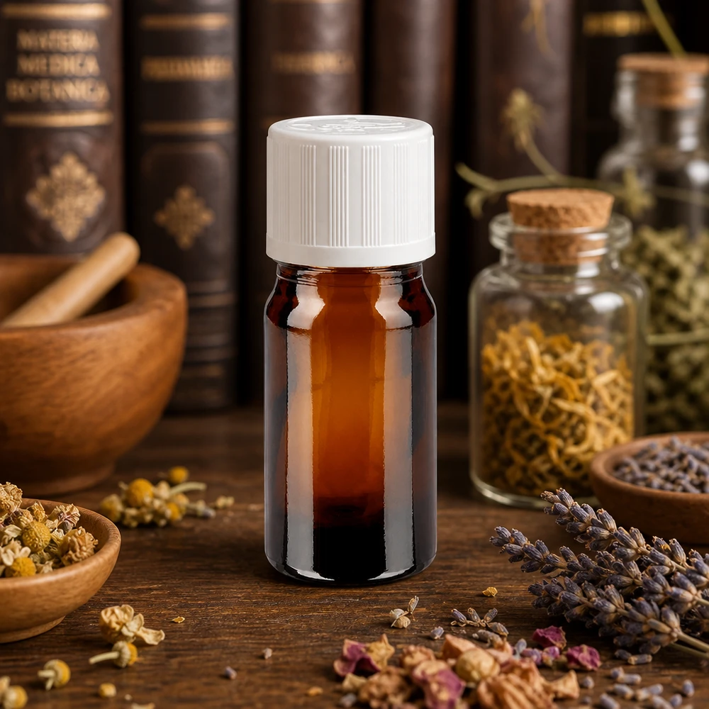 Flacon de pharmacie brun 5ml bouchon vissable blanc sécurité enfant standard Flacon de pharmacie avec protection UV, 5 ml, en verre ambré avec bouchon KiSi blanc, inspiré des anciens livres de médecine