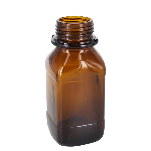 Flacon carré à col large (flacon à produits chimiques) en verre ambré 250 ml, avec goulot de norme DIN 45 (pour bouchon rayé)