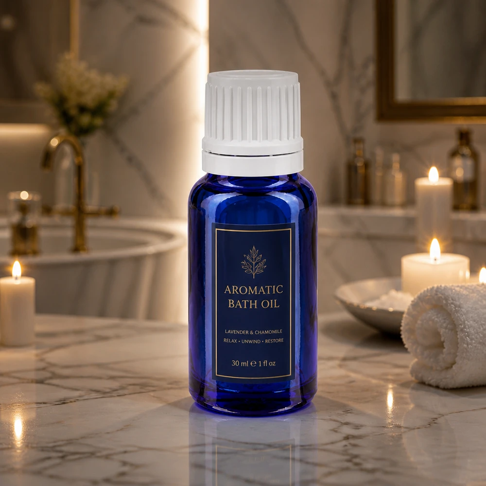 Flacon de pharmacie pour aromathérapie, 10 ml, en verre bleu avec bouchon blanc à sécurité enfant de 11 mm