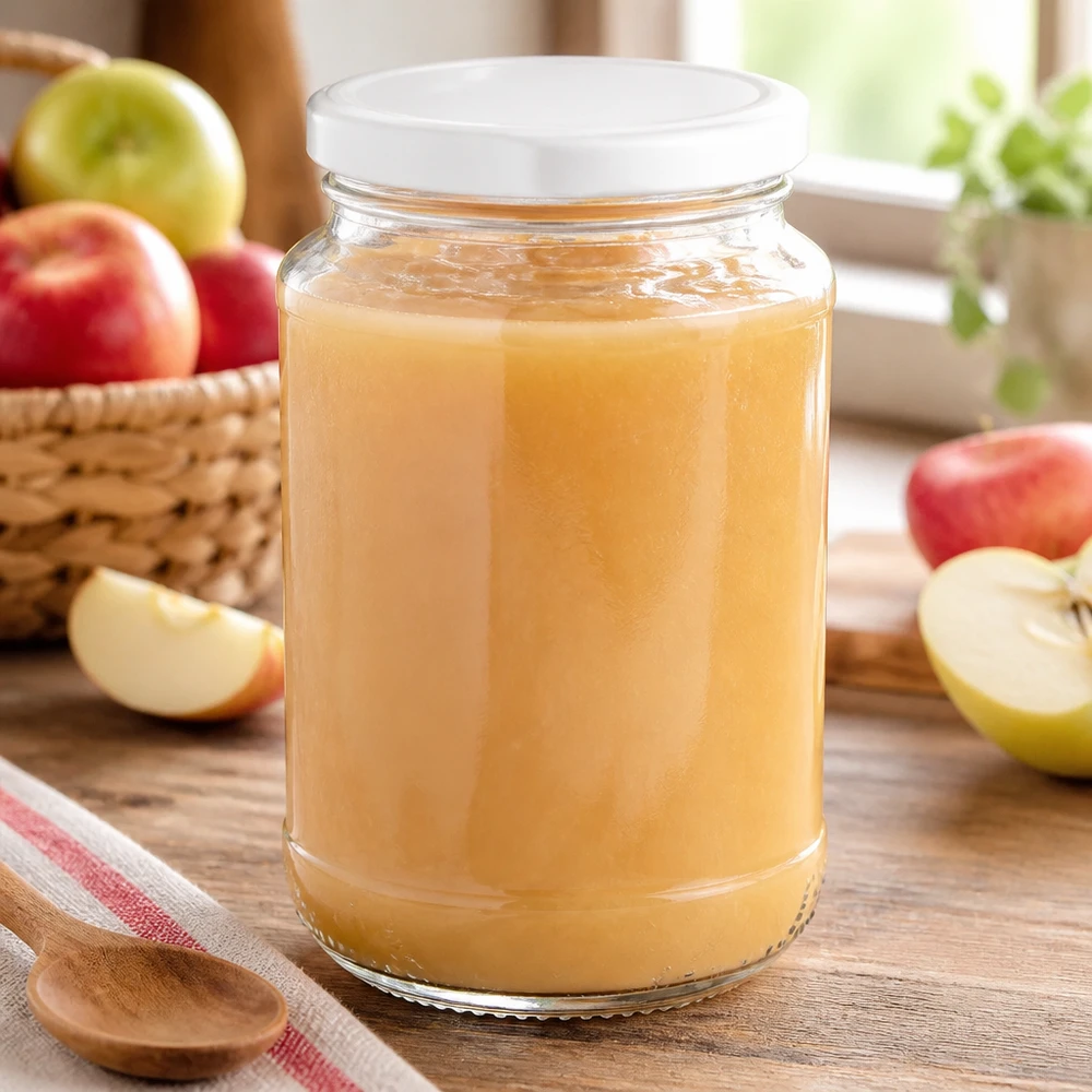 Bocal rond en verre de 320 ml + couvercle BasicSeal blanc UNiTWIST Compote de pommes maison dans un bocal rond en verre UNiTWIST de 320 ml avec couvercle BasicSeal blanc, à côté de pommes fraîches