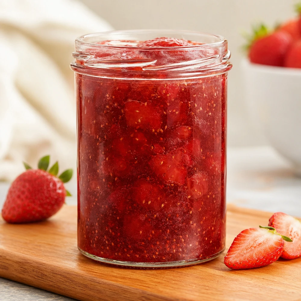 435ml Verre conique sans couvercle (TO82) UNiTWIST UNiTWIST Sturz435 Verre renversé 435ml rempli de confiture de fraises maison TO82 Filetage sur planche à découper