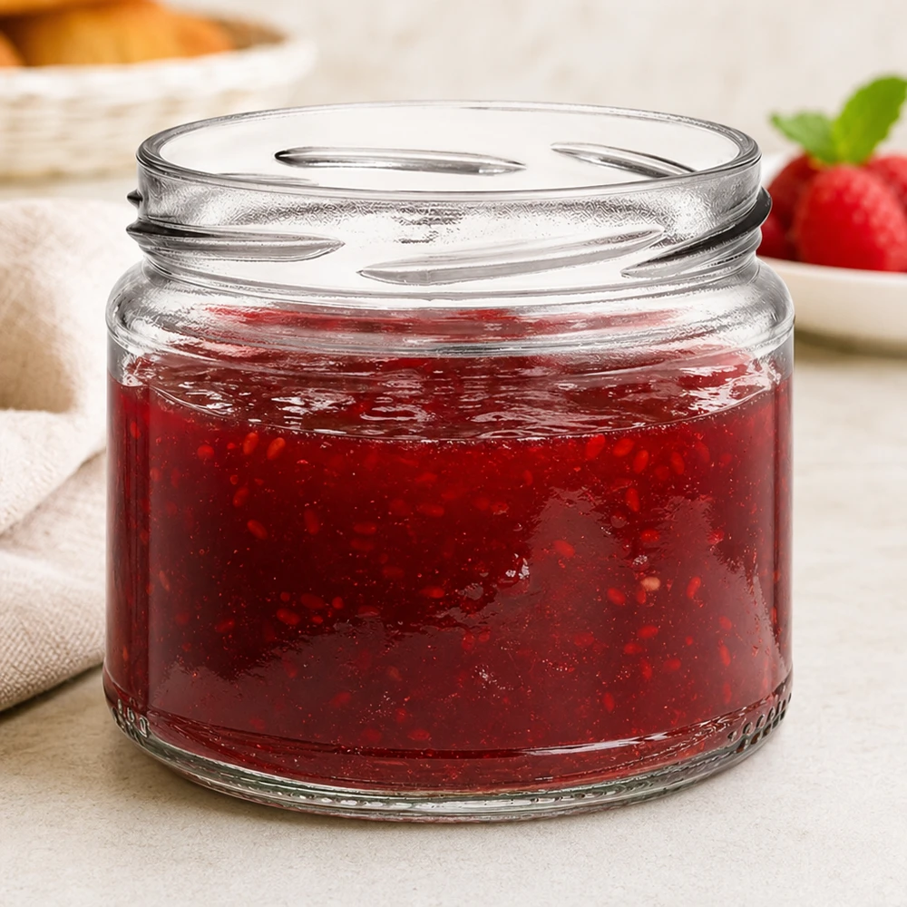 330ml Verre rond sans couvercle (TO82) UNiTWIST UNiTWIST Runda330 Pot rond rempli de confiture rouge Confiture de fraises en fond de table de petit déjeuner