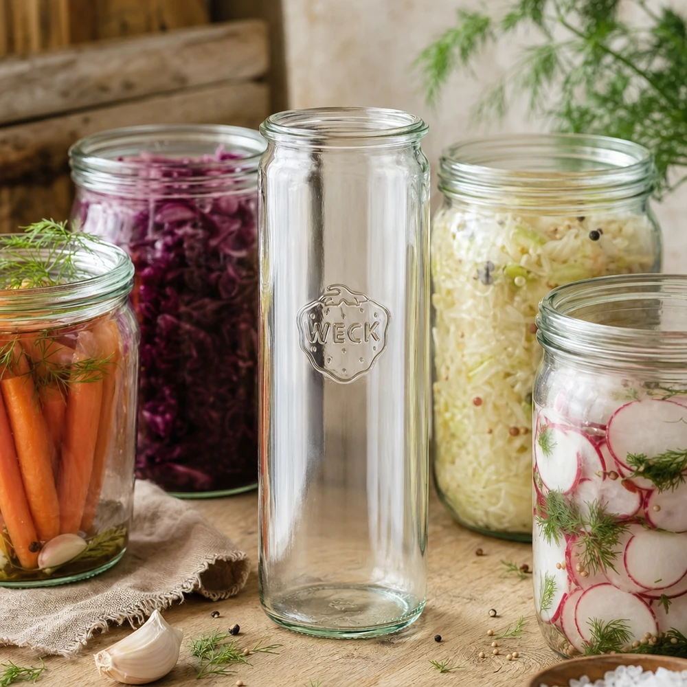 WECK Pot cylindrique RR60 600ml vide avec logo entre des bocaux colorés avec des légumes sur une table en bois rustique