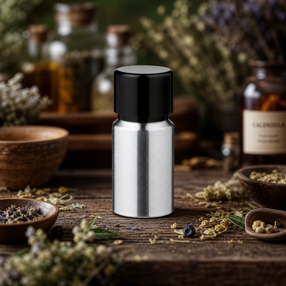 Bouteille en aluminium poncé 10 ml, avec bouchon à vis noir et joint conique Bouteille légère en aluminium de 10 ml à la texture mate, idéale pour les voyages et les déplacements.
