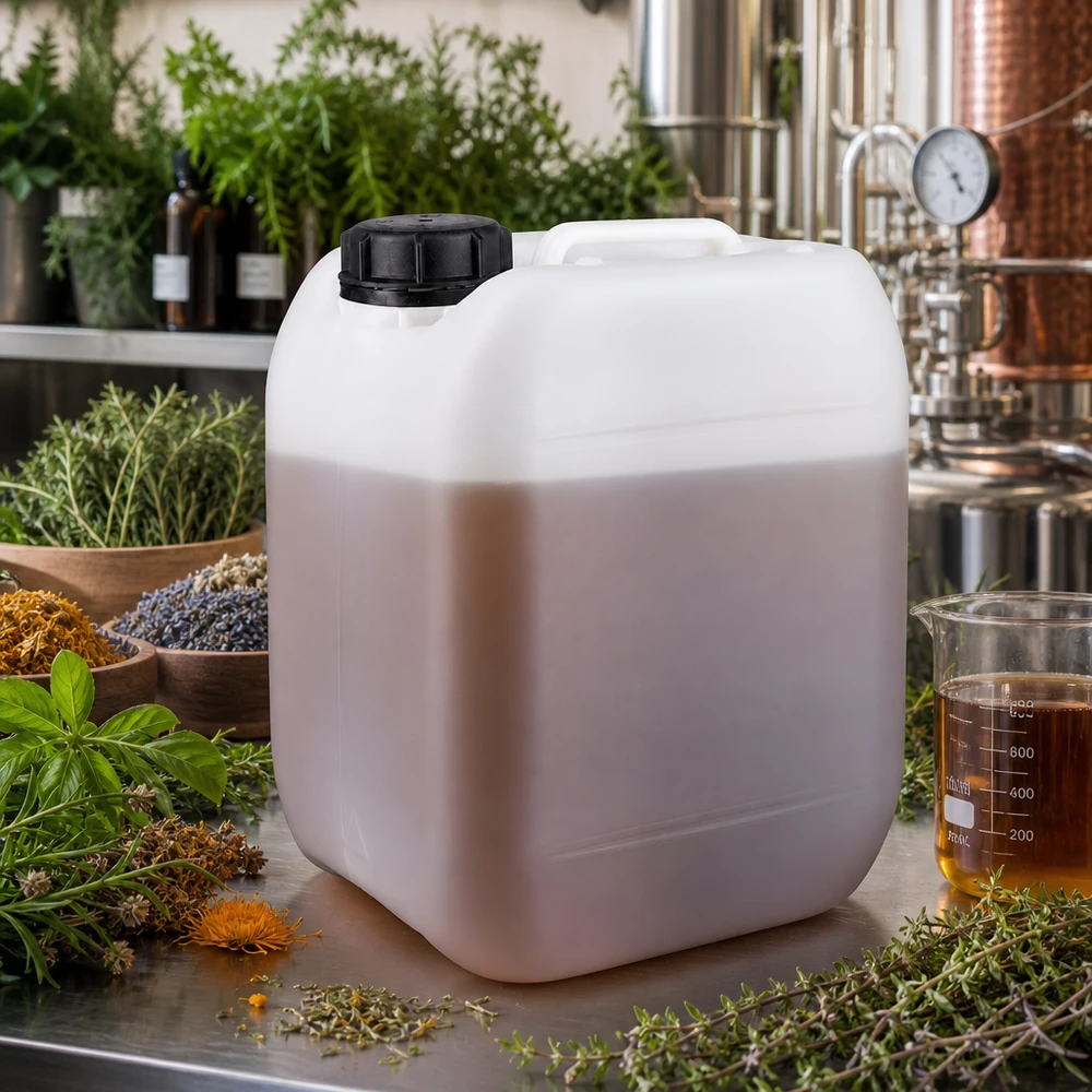 Bidon carré de 5 litres contenant un liquide brun et muni d'un bouchon noir