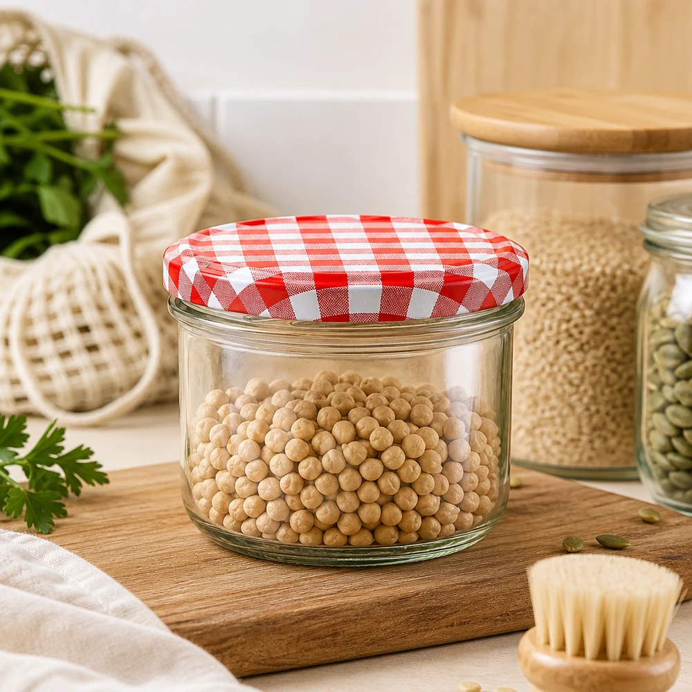 230ml Verre cylindrique avec couvercle BasicSeal rouge/blanc UNiTWIST Pot cylindrique de 230ml avec couvercle BasicSeal rouge et blanc rempli de pois chiches sur planche en bois dans une ambiance de cuisine
