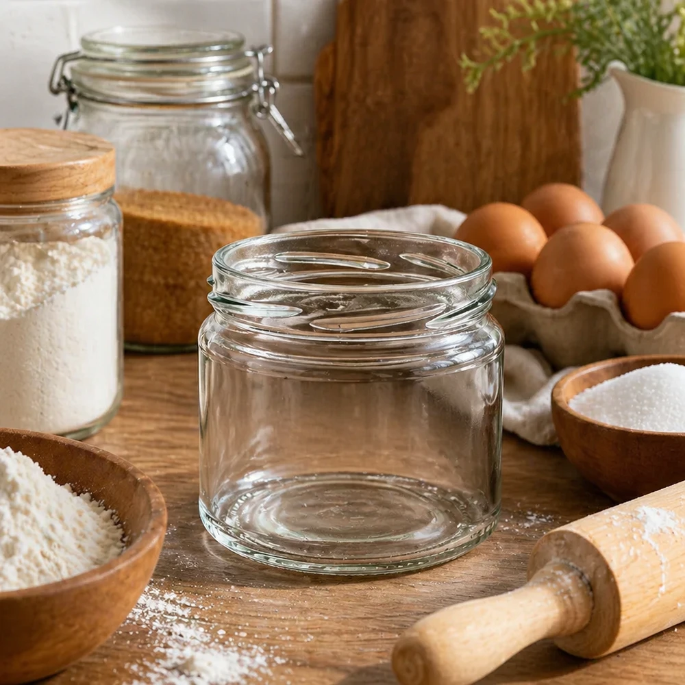 330ml Verre rond sans couvercle (TO82) UNiTWIST UNiTWIST Runda330 Verre rond 330ml TO82 dans une cuisine rustique décorée d'ingrédients de boulangerie, d'œufs et d'ustensiles en bois