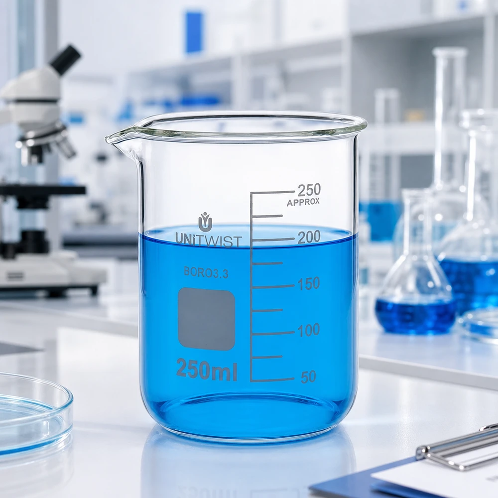 Bécher 250ml borosilicate, forme basse UNiTWIST Verrerie de laboratoire : bécher bas de 250 ml en borosilicate 3.3 avec échelle de volume précise