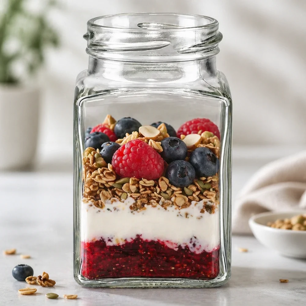 UNiTWIST Tetra260 Verre à 4 coins 260ml TO58 avec baies de muesli et yaourt comme dessert dans un verre sur le comptoir de la cuisine