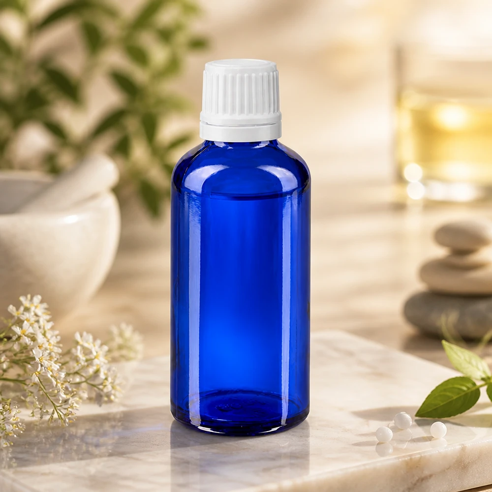 Flacon en verre bleu de 50 ml muni d'un bouchon d'inviolabilité de 11 mm, à côté d'un mortier et de plantes médicinales