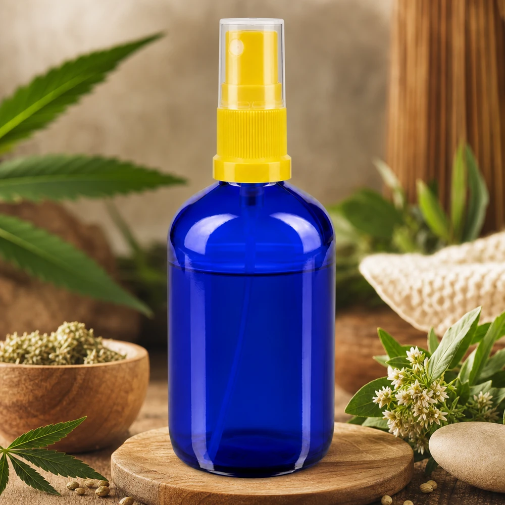 Flacon pulvérisateur en verre d'apothicaire bleu cobalt de 100 ml avec vaporisateur jaune, posé sur un dessous-de-plat en bois