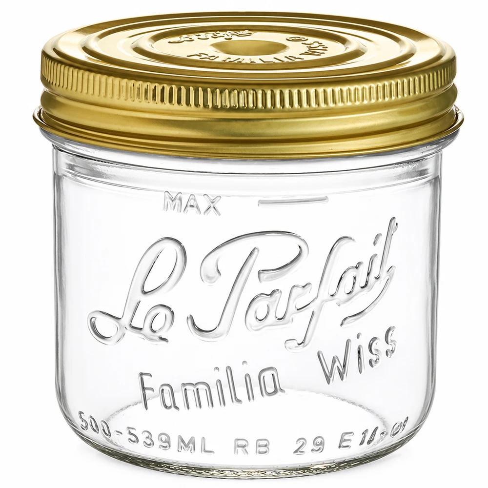 Le Parfait® Familia Wiss 500 g Ø100 mm bocal 539ml Pot à vis Familia Wiss avec couvercle doré Le Parfait Pot de conservation