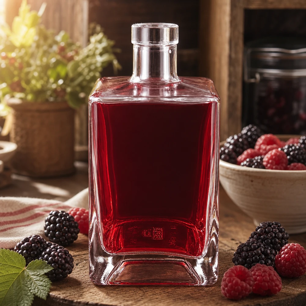 Flacon en verre « Ben » 700 ml sans bouchon UNiTWIST® Bouteille en verre Ben 700ml remplie de liqueur de baies rouges entourée de mûres et de framboises sur un bois rustique