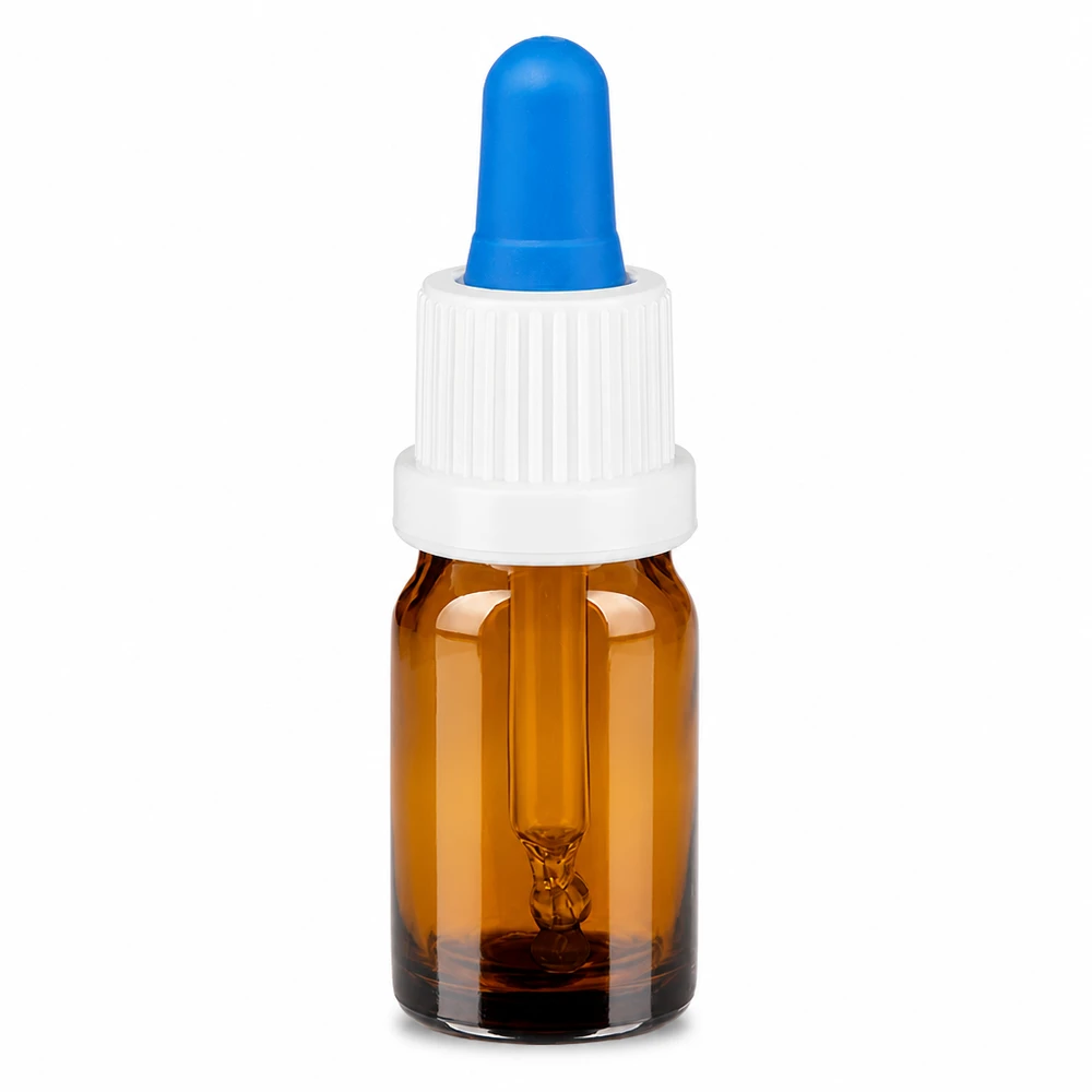 Flacon à pipette 5ml blanc/bleu OV BrownLine UT18/5 Flacon pipette 5ml en verre brun avec bouchon blanc et pipette bleue pour un dosage précis