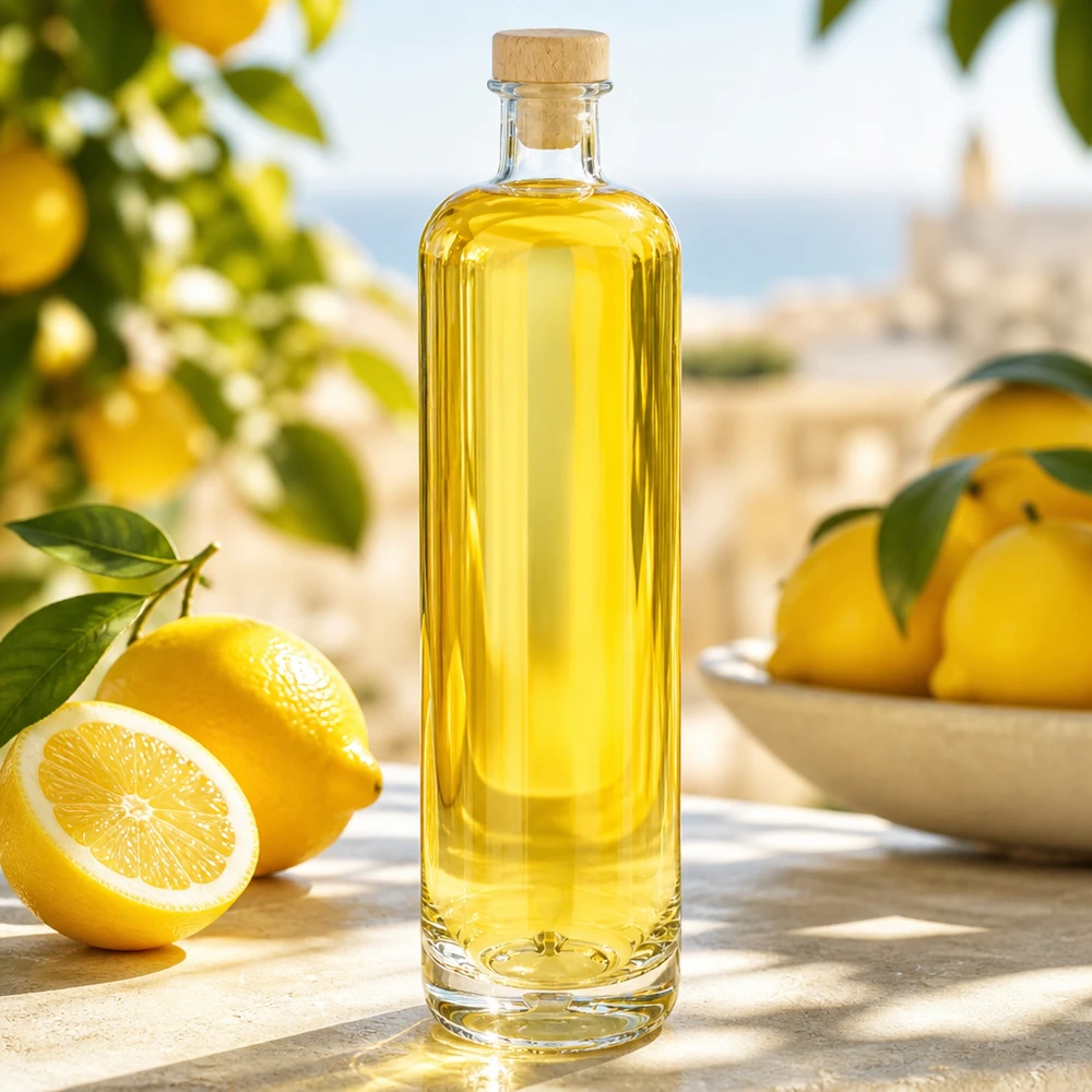 Bouteille en verre Ella de 700 ml avec contenu jaune et bouchon en bois dans un environnement méditerranéen de citrons sur une table en bois