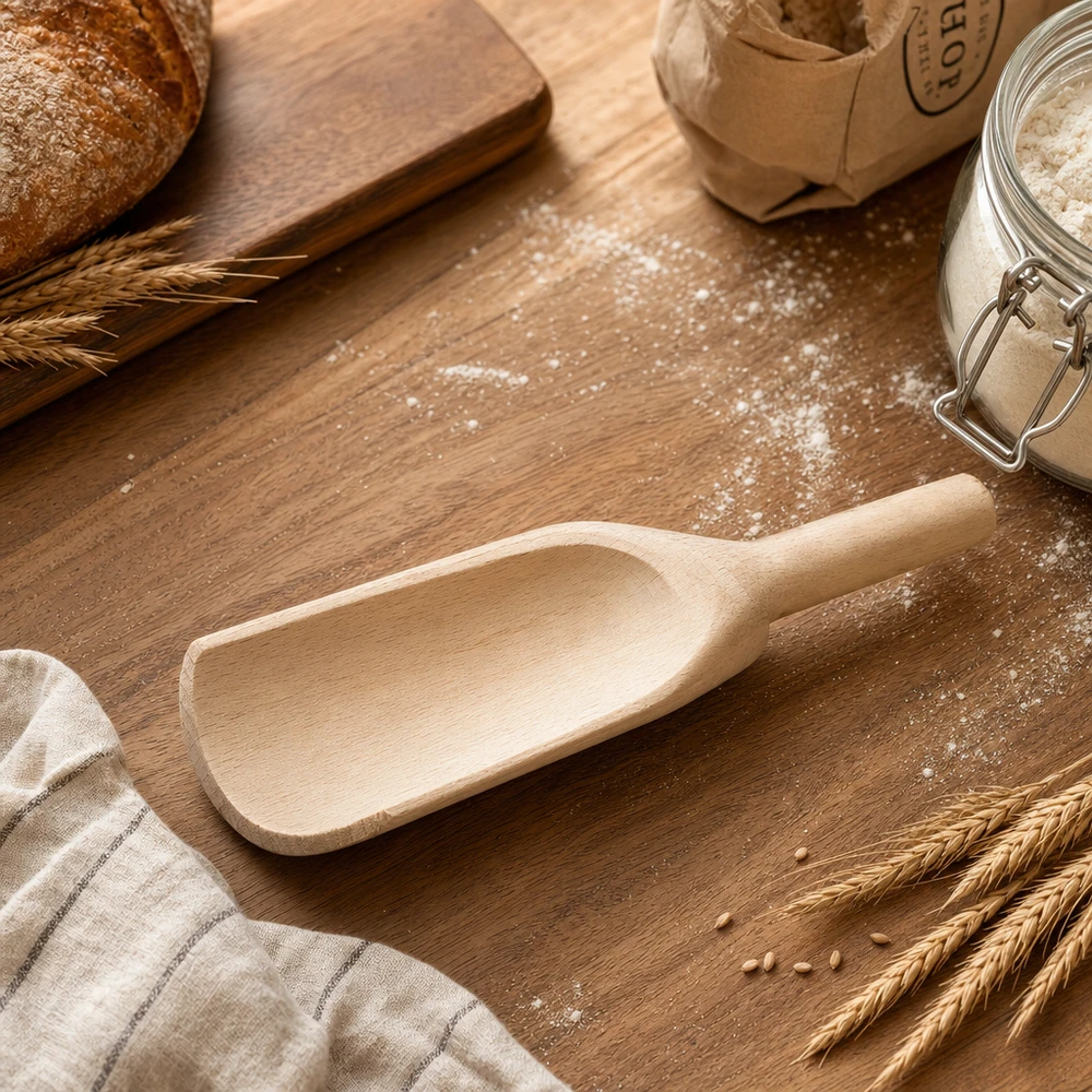 Pelle en bois L 18cm plate sur table en bois avec farine épis de blé pain et essuie-tout Accessoires de pâtisserie en bois naturel