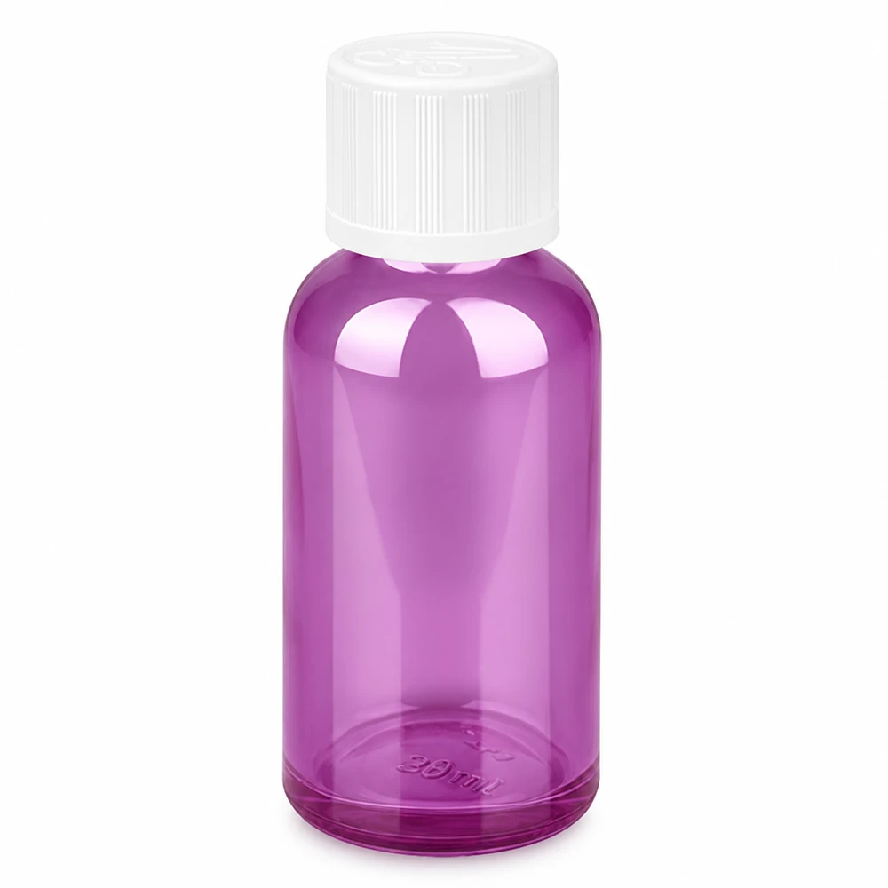Flacon 30ml bouchon à vis 11mm blanc standard sécurité enfant PurpleLine UT18/30 Flacon rond en verre 30ml transparent-violet avec bouchon plastique blanc pour laboratoire et hobby