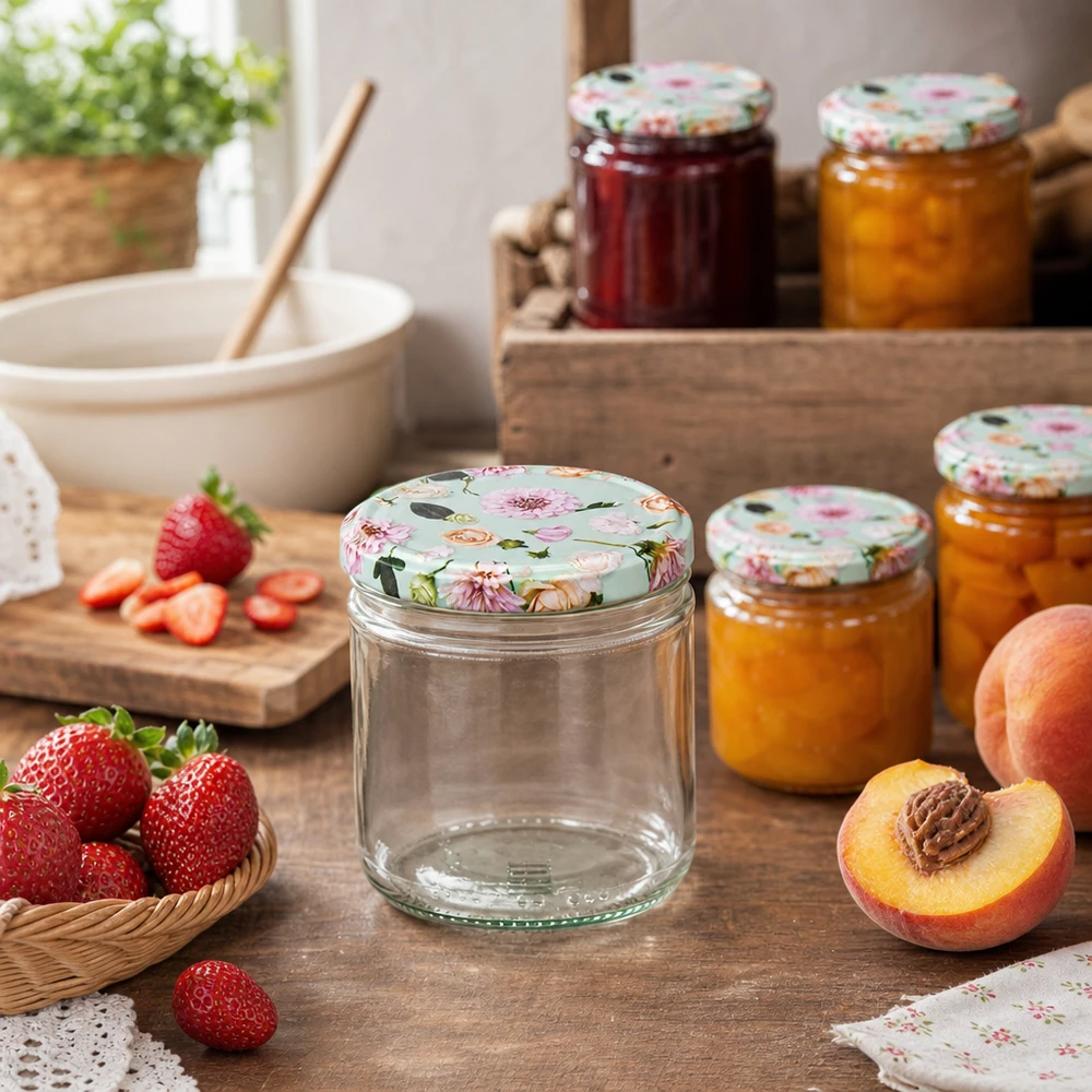 230ml pot cylindrique BasicSeal couvercle fleur menthe dans scène de cuisine avec fruits frais et confitures maison