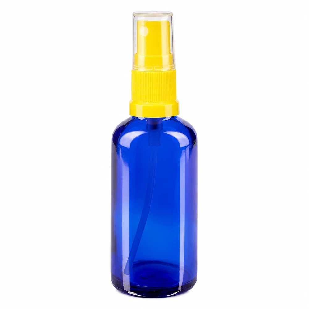 Flacon pulvérisateur bleu de pharmacie en verre de 50 ml avec bouchon de protection transparent