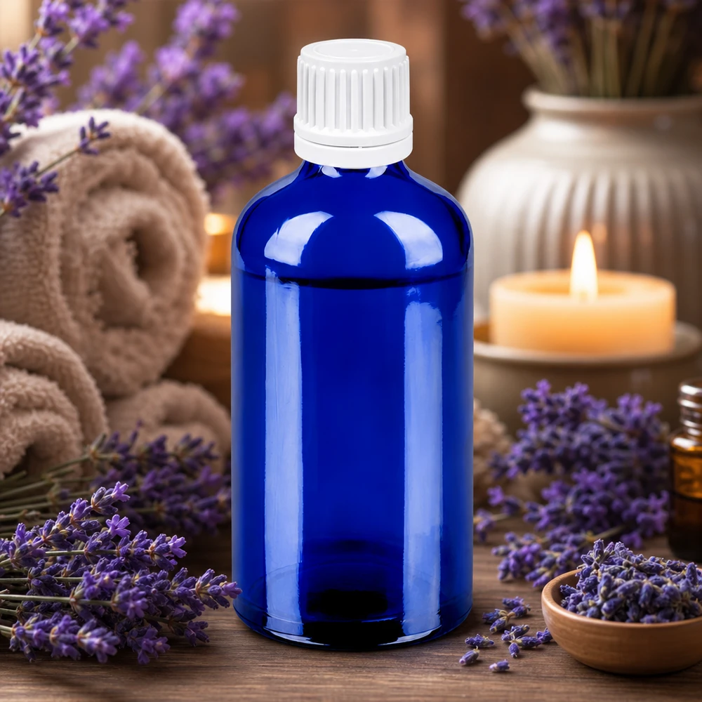 Flacon 100ml 11mm SV blanc OV BlueLine UT18/100 Flacon en verre violet de 100ml bleu avec bouchon d'inviolabilité pour substances sensibles à la lumière