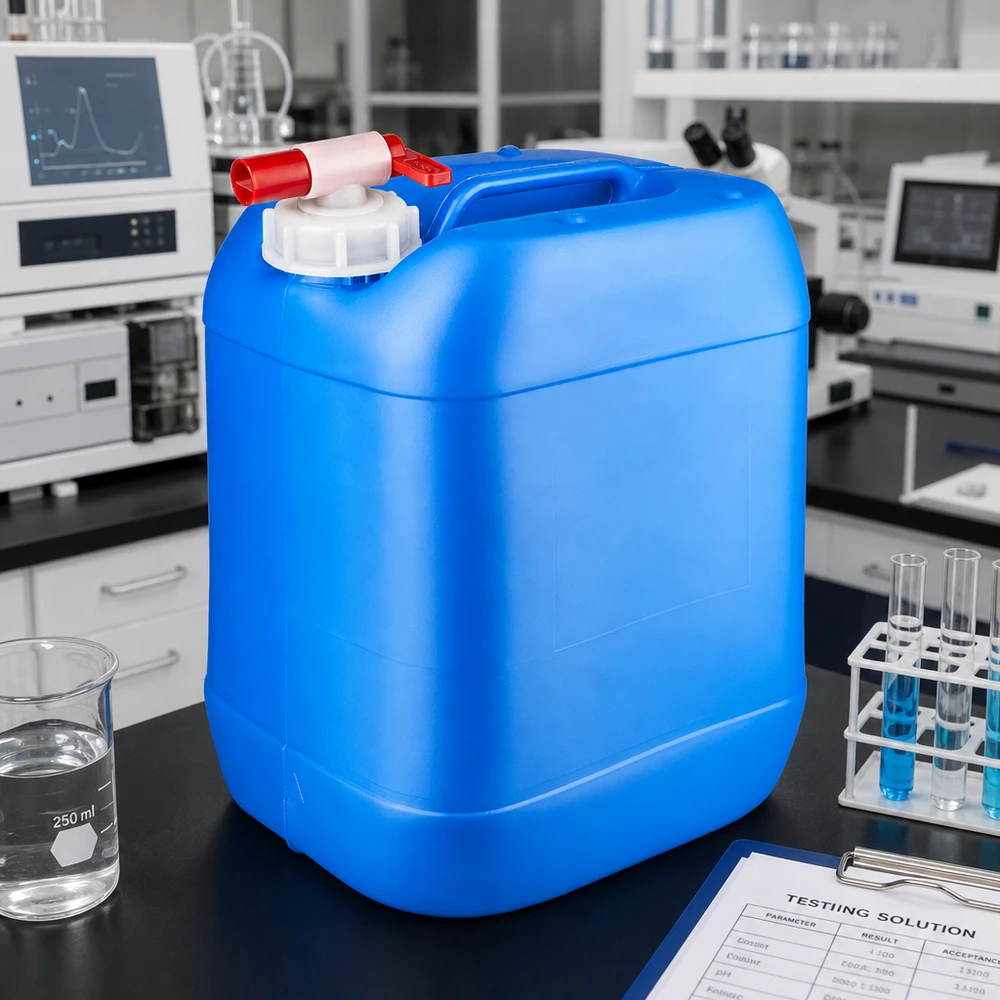 Bidon 20 litres bleu avec robinet Bidon de grande capacité de 20 L muni d'un robinet, à côté d'un bécher et de tubes à essai