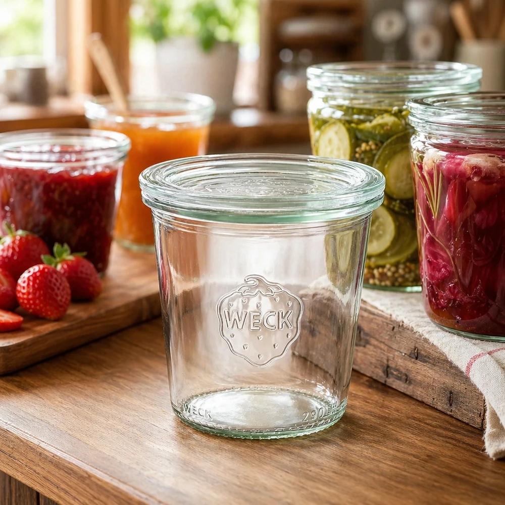 290ml bocal conique haut avec bouchon en verre WECK RR80 WECK Pot de conservation 290ml dans la cuisine avec des confitures et des conserves colorées comme exemple d'utilisation pour la conservation