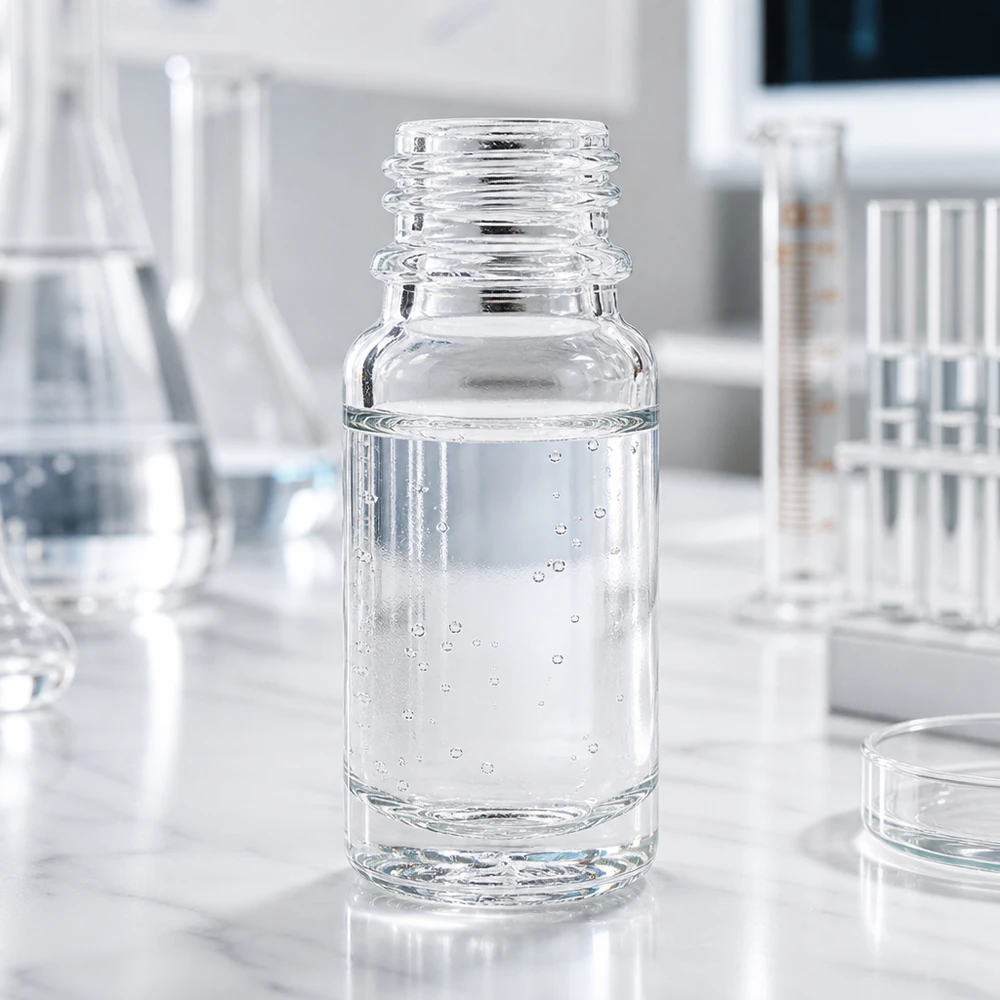 Flacon à pharmacie 10ml ClearLine DIN18 UNiTWIST Flacon de pharmacie ClearLine DIN18 UNiTWIST de 10 ml, rempli d'eau claire en milieu de laboratoire