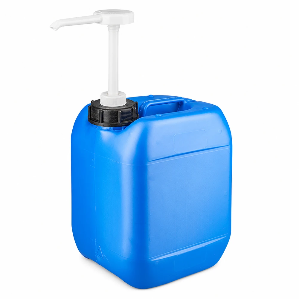 Bidon rectangulaire en PEHD de 5 L, de couleur bleue, muni d'une pompe de distribution emboîtée