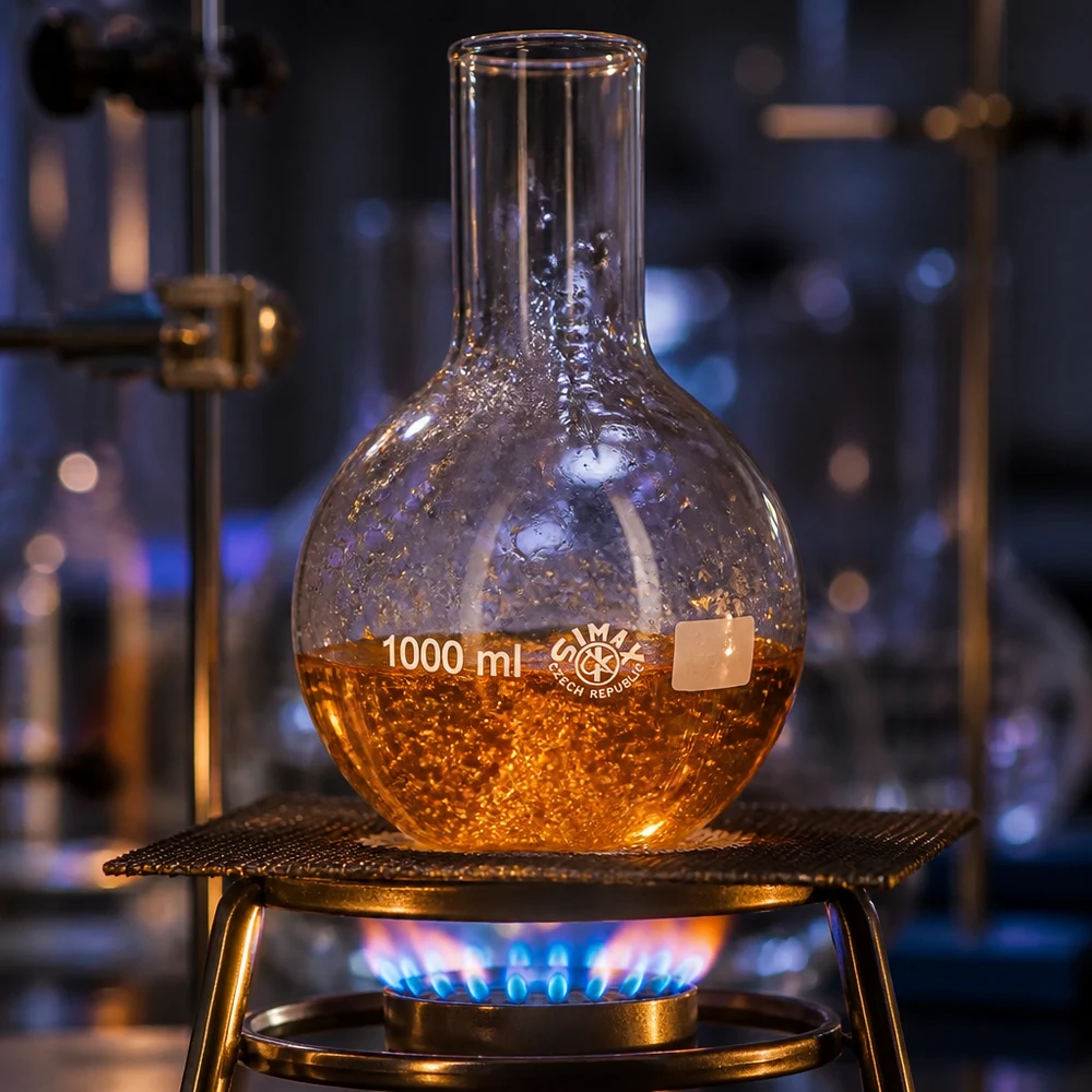 Ballon à fond plat 1000 ml à col large, en verre borosilicate avec bord renforcé Ballon de 1000ml à col large démontrant le processus de distillation avec des vapeurs ascendantes en laboratoire