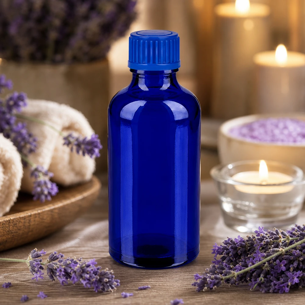 Flacon de 50ml 11mm SV bleu STD BlueLine UT18/50 Bouteille compacte bleue 50ml STD BlueLine idéale pour les huiles essentielles et les essences