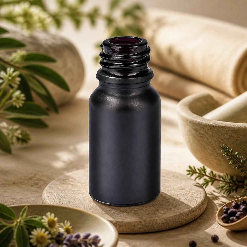 Bouteille de pharmacie de 10 ml BlackLine UT18/10 UNiTWIST parfaitement adaptée à l'aromathérapie et aux huiles essentielles