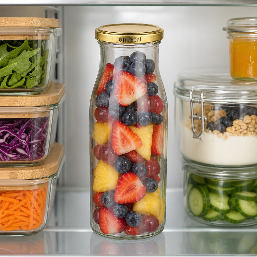 150ml Bouteille avec couvercle BioSeal or UNiTWIST UNiTWIST Bouteille en verre de 150 ml remplie d'un mélange de fruits Bouchon TO43 BioSeal doré Conservation au réfrigérateur