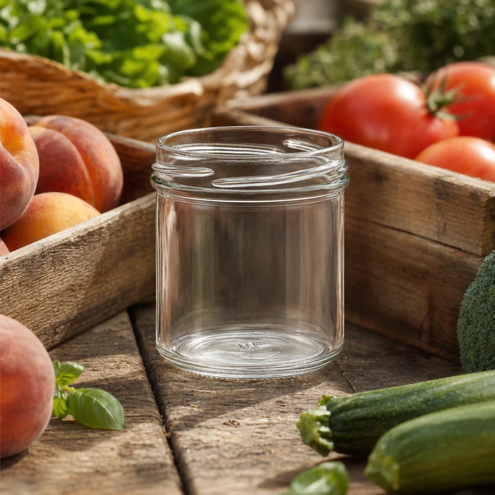167ml Verre conique sans couvercle (TO66) UNiTWIST Pot renversé vide UNiTWIST 167ml TO66 sur table en bois avec tomates fraîches pêches et légumes pour la mise en conserve