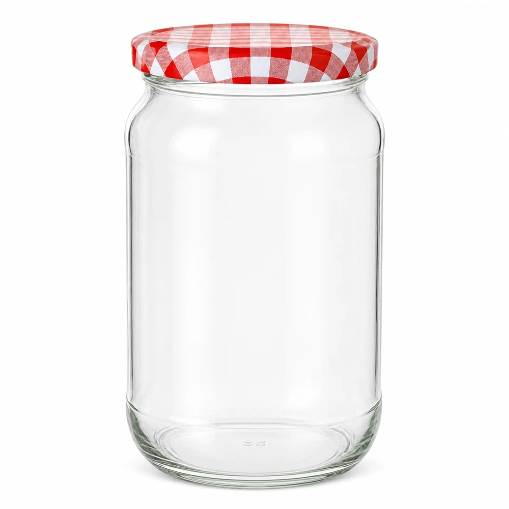 1062ml Verre rond avec couvercle BasicSeal rouge/blanc UNiTWIST Pot rond de 1062ml avec couvercle BasicSeal à carreaux rouges et blancs vide sur fond blanc Pot de conservation