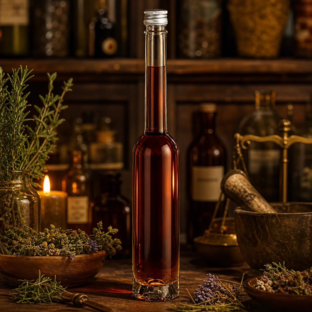 Petite bouteille en verre Toni de 100 ml avec bouchon à vis argenté - parfaite pour les teintures maison à base de plantes.