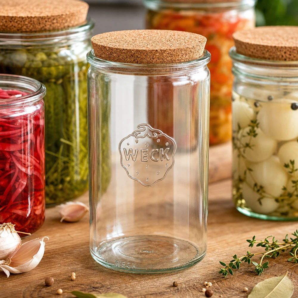 WECK Pot cylindrique 1590ml RR100 vide avec bouchon entre les bocaux remplis Scène de cuisine table en bois
