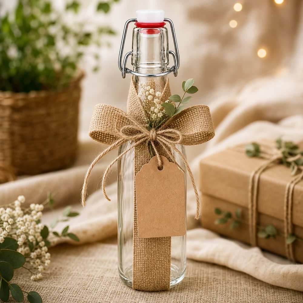 Bouteille en verre de 250 ml + bouchon mécanique en porcelaine UN.. 250ml Glasflasche mit Bügelverschluss als Geschenk dekoriert mit Juteschleife, Anhänger und getrockneten Blumen
