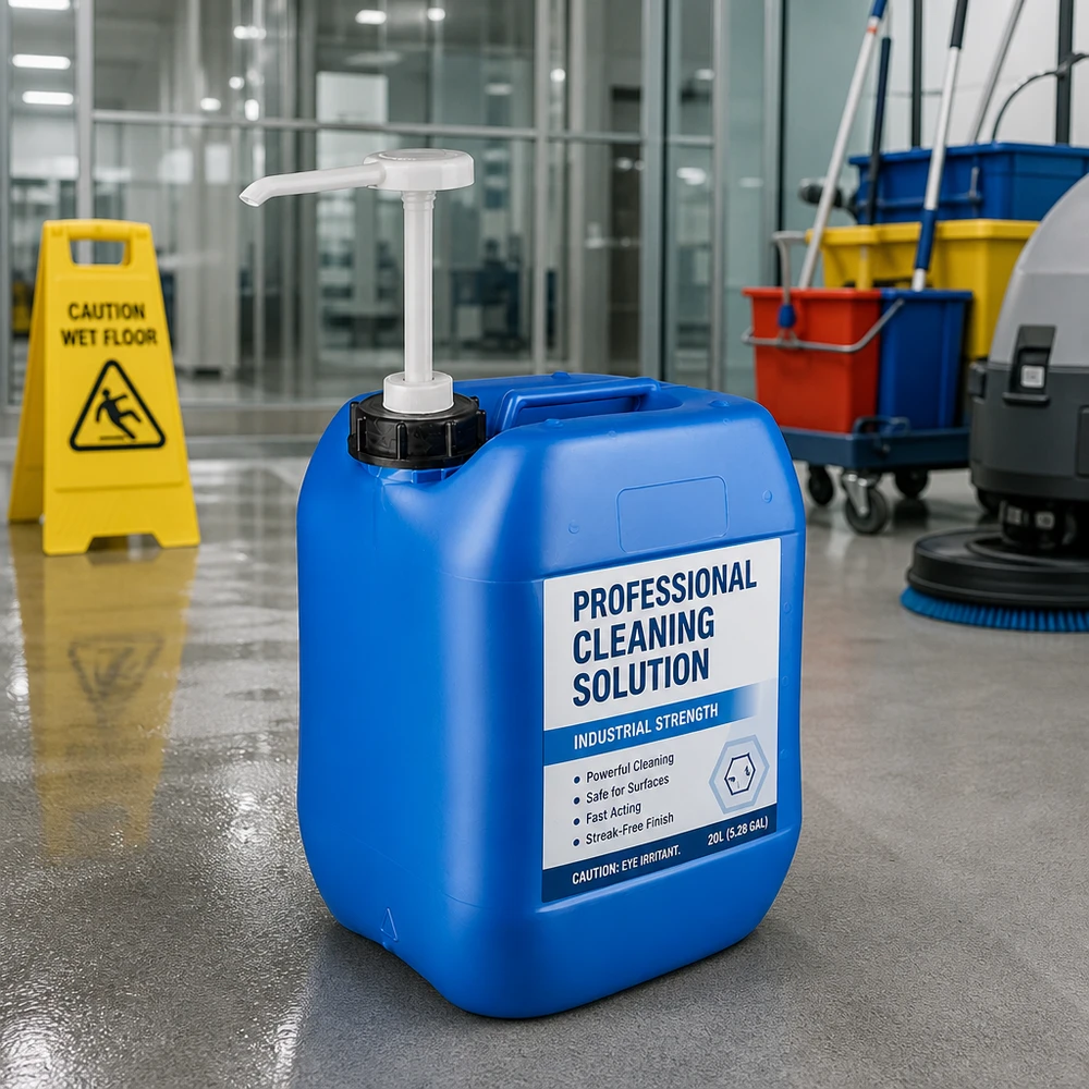 Bidon de 10 litres bleu avec pompe doseuse Bidon bleu professionnel de 10 litres avec pompe, à côté du matériel de nettoyage dans un immeuble de bureaux