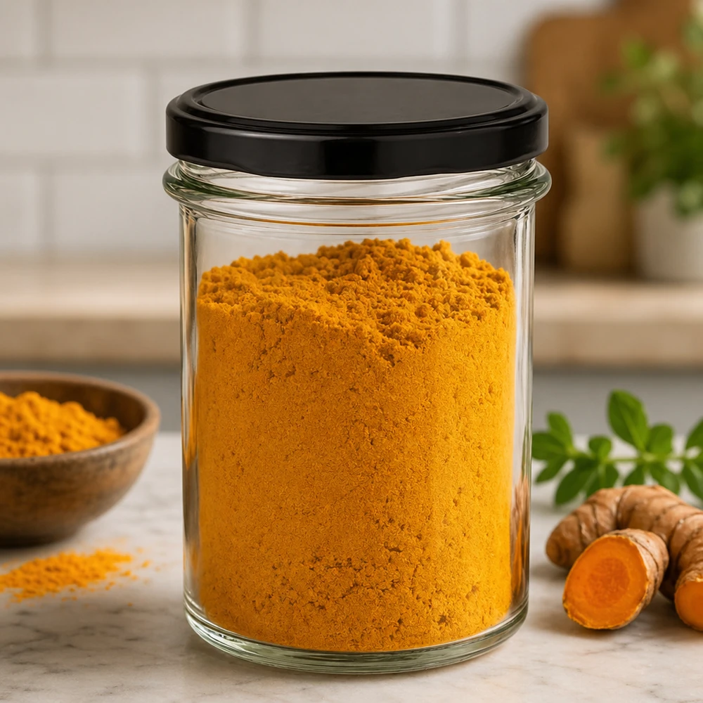 230ml Verre conique avec couvercle BasicSeal noir UNiTWIST Pot de 230ml rempli de poudre de curcuma montre une utilisation pratique comme récipient de stockage d'épices avec un couvercle noir